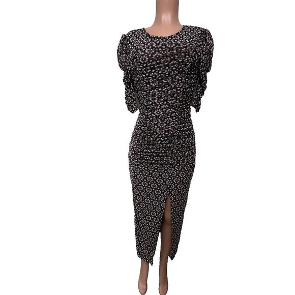 Free People Briella Short Sleeve Ruched Midi Dress Women's Sz S Black Combo NWT - Picture 1 of 12